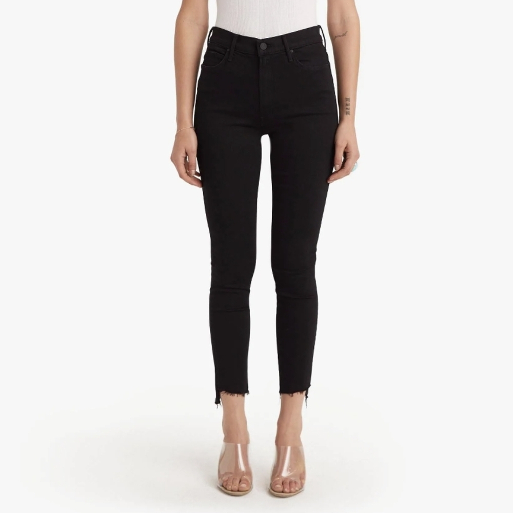 Mother Stunner Zip Ankle Step Fray Black Denim Raw Hem Jeans